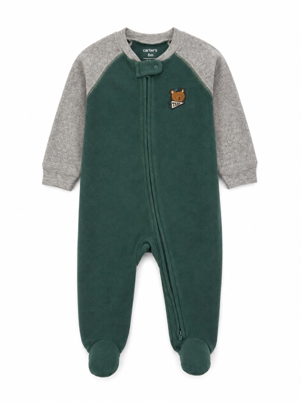 Carter's forest green with gray sleeve fleece footed one-piece